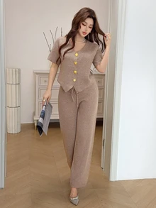 Feyla V-Neck Floral Gold Button Short Sleeve Knit Cardigan And High Waist Casual Pants 2 Pieces Set - Khaki - View 4