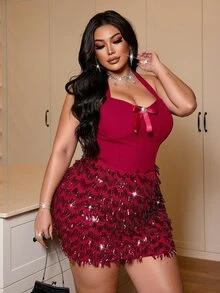 NU&NOW Women's Red Halter Neck Waist-Cinching Dress, Shiny Sequin Fitted Party Club Dress - Burgundy - View 7