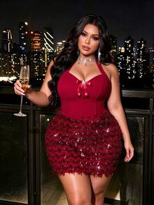 NU&NOW Women's Red Halter Neck Waist-Cinching Dress, Shiny Sequin Fitted Party Club Dress - Burgundy - View 9