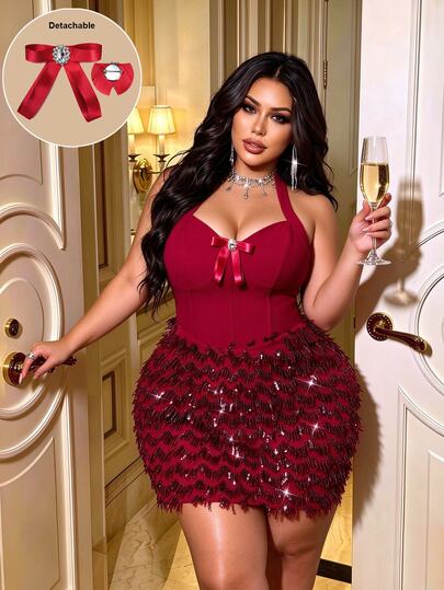 NU&NOW Women's Red Halter Neck Waist-Cinching Dress, Shiny Sequin Fitted Party Club Dress