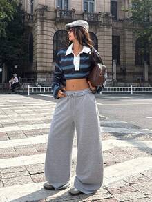 Coolane 女款秋冬街頭風外出休閒旅行運動基礎必備法式淺灰色棉質鬆緊腰直筒寬鬆長褲 - 淺灰色 - 查看 2