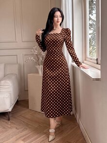 Feyla New French Vintage Design Back Cinched Waist-Cinched Slimming Elegant Dress For Vacation And Party - Coffee Brown - View 2