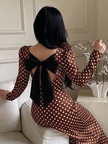 Feyla New French Vintage Design Back Cinched Waist-Cinched Slimming Elegant Dress For Vacation And Party - Coffee Brown - View 7
