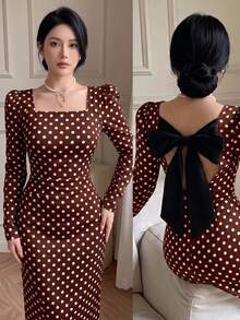 Feyla New French Vintage Design Back Cinched Waist-Cinched Slimming Elegant Dress For Vacation And Party - Coffee Brown - View 1