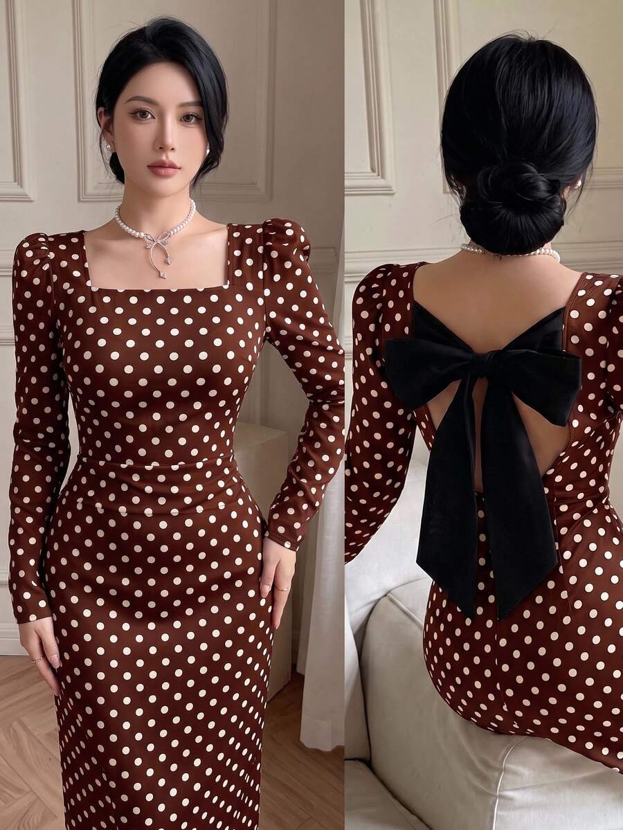Feyla New French Vintage Design Back Cinched Waist-Cinched Slimming Elegant Dress For Vacation And Party - Coffee Brown - View 1