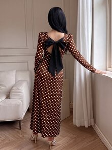 Feyla New French Vintage Design Back Cinched Waist-Cinched Slimming Elegant Dress For Vacation And Party - Coffee Brown - View 3