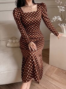 Feyla New French Vintage Design Back Cinched Waist-Cinched Slimming Elegant Dress For Vacation And Party - Coffee Brown - View 6