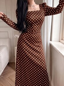 Feyla New French Vintage Design Back Cinched Waist-Cinched Slimming Elegant Dress For Vacation And Party - Coffee Brown - View 5