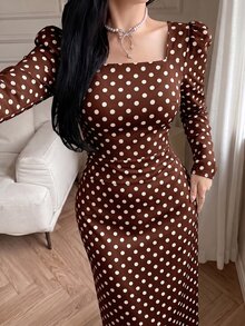 Feyla New French Vintage Design Back Cinched Waist-Cinched Slimming Elegant Dress For Vacation And Party - Coffee Brown - View 4