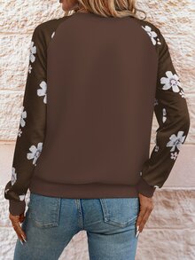 LanaWest Women's Floral Print Raglan Long Sleeve Casual Cute Crew Neck Sweatshirt Picnic Brown Floral Summer - Brown - View 2
