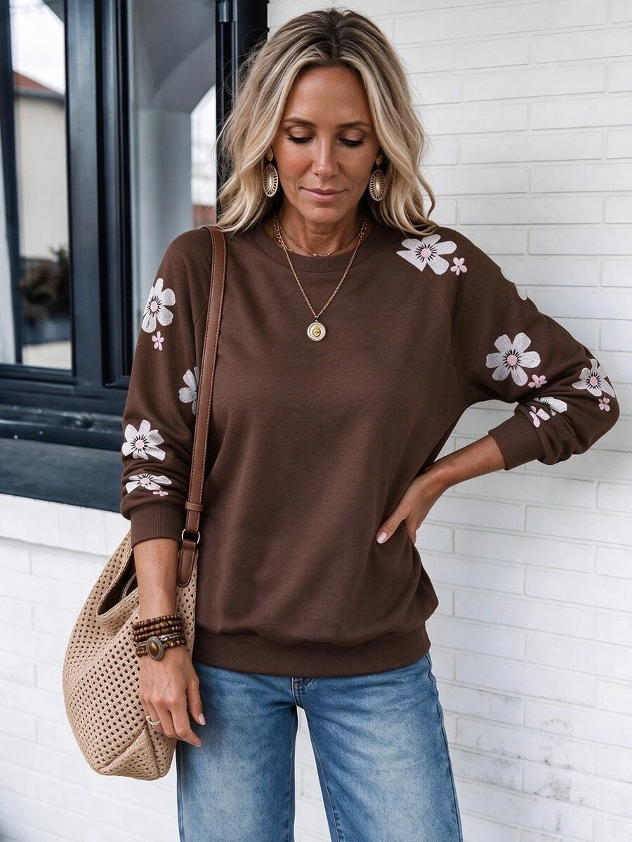 LanaWest Women's Floral Print Raglan Long Sleeve Casual Cute Crew Neck Sweatshirt Picnic Brown Floral Summer - Brown - View 1