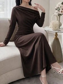 Feyla Women's Elegant Asymmetrical Shoulder Pleated Waist Dress - Brown - View 4
