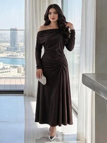 Feyla Women's Elegant Asymmetrical Shoulder Pleated Waist Dress - Brown - View 6