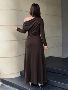Feyla Women's Elegant Asymmetrical Shoulder Pleated Waist Dress - Brown - View 3