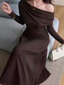 Feyla Women's Elegant Asymmetrical Shoulder Pleated Waist Dress - Brown - View 8