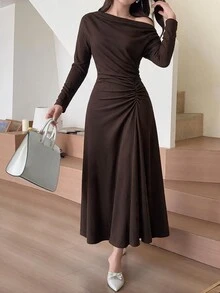 Feyla Women's Elegant Asymmetrical Shoulder Pleated Waist Dress - Brown - View 2
