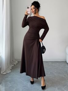 Feyla Women's Elegant Asymmetrical Shoulder Pleated Waist Dress - Brown - View 9