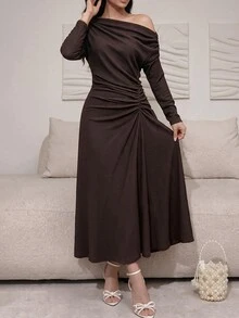 Feyla Women's Elegant Asymmetrical Shoulder Pleated Waist Dress - Brown - View 5