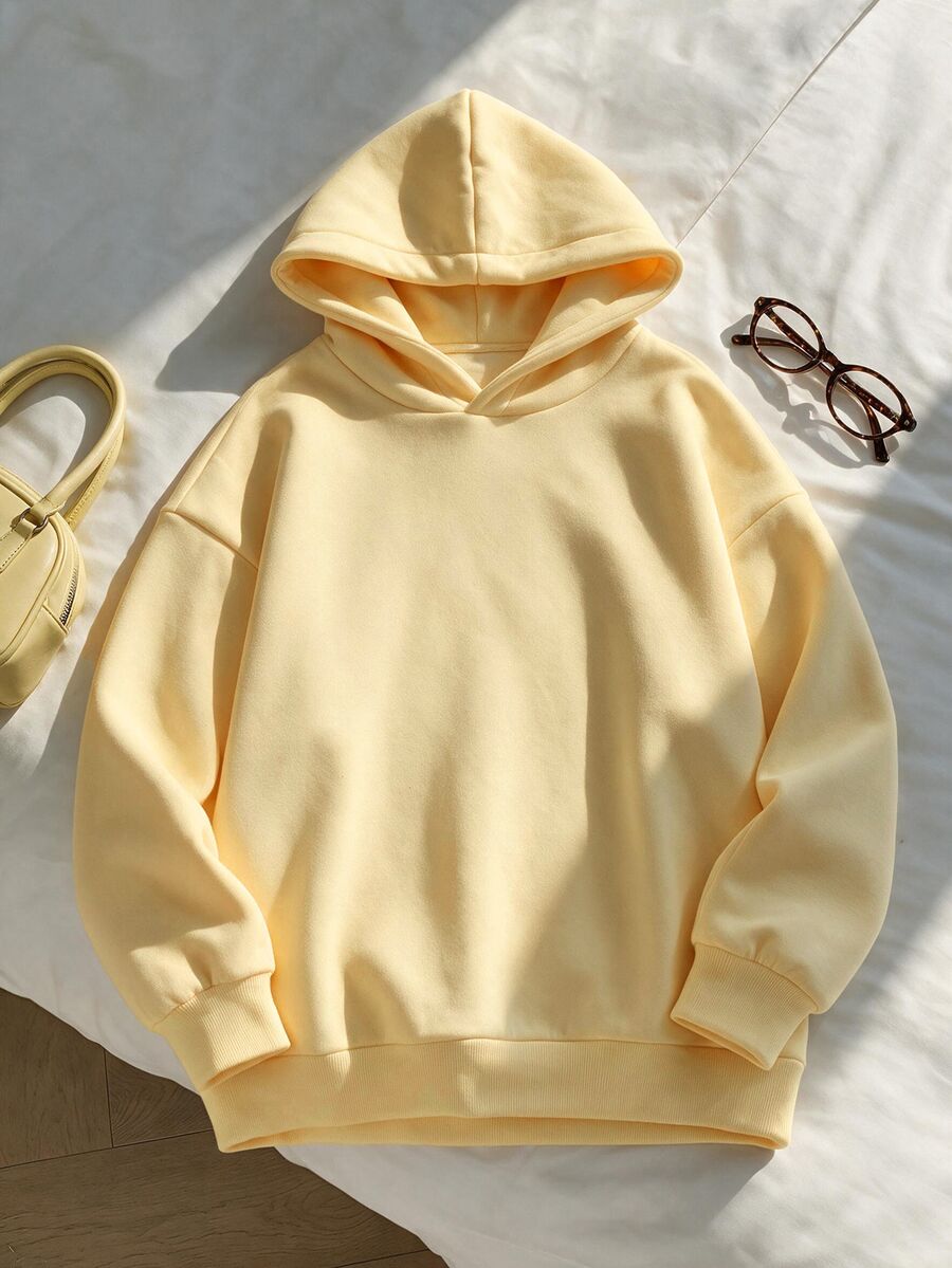 Comfortcana Plus Size Autumn/Winter Fleece Hooded All-Match Versatile Sweatshirt In Pale Yellow - Pale Yellow - View 1