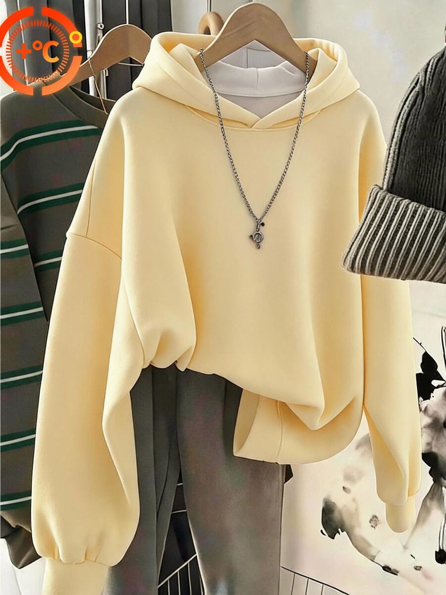 Comfortcana 大尺碼秋冬保暖抓絨連帽百搭休閒衛衣 淡黃色 - 鵝黃色 - 查看 1
