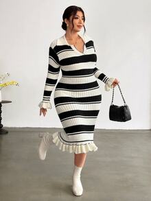 French Style Casual Elegant Polo Collar Black And White Ribbed Slim Fit Flare Long Sleeve Ruffle Mid-Length Knit Dress For Commute Date Night Formal - Black and White - View 5