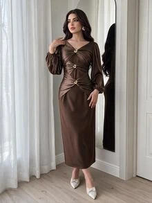 Feyla Women's Fashion Party Metal Decor Twisted Knot Dress - Brown - View 2
