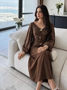 Feyla Women's Fashion Party Metal Decor Twisted Knot Dress - Brown - View 13