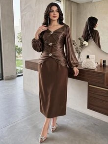Feyla Women's Fashion Party Metal Decor Twisted Knot Dress - Brown - View 12