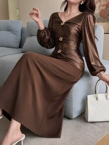 Feyla Women's Fashion Party Metal Decor Twisted Knot Dress - Brown - View 10