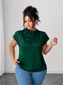 Elenzga Plus Size Women's Elegant Black Satin Solid Color Shirt, Spring/Summer - Dark Green - View 5