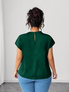 Elenzga Plus Size Women's Elegant Black Satin Solid Color Shirt, Spring/Summer - Dark Green - View 2