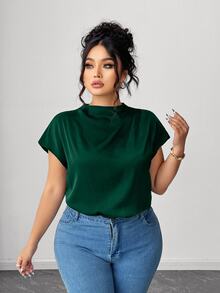 Elenzga Plus Size Women's Elegant Black Satin Solid Color Shirt, Spring/Summer - Dark Green - View 3