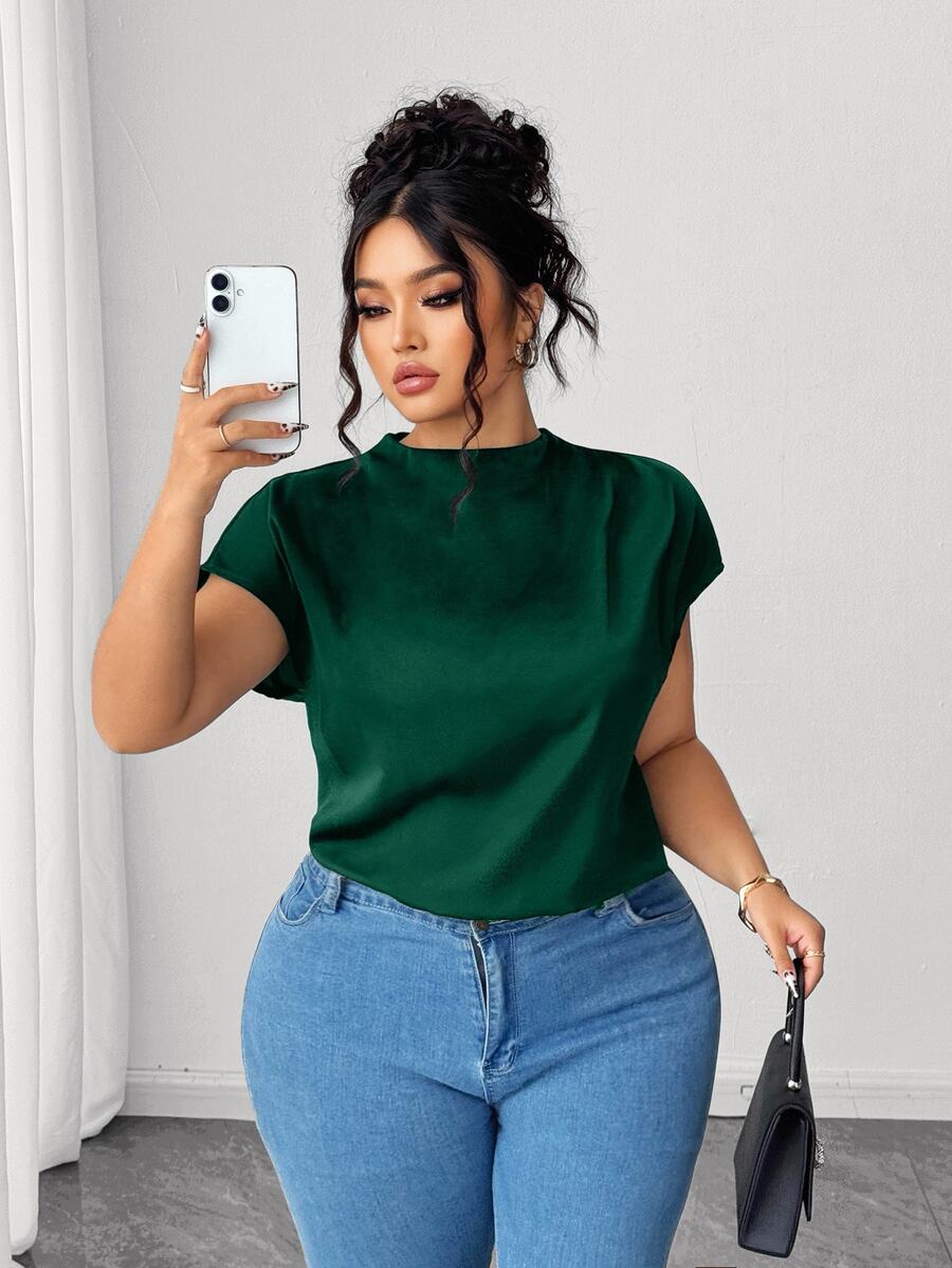 Elenzga Plus Size Women's Elegant Black Satin Solid Color Shirt, Spring/Summer - Dark Green - View 1