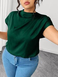 Elenzga Plus Size Women's Elegant Black Satin Solid Color Shirt, Spring/Summer - Dark Green - View 4
