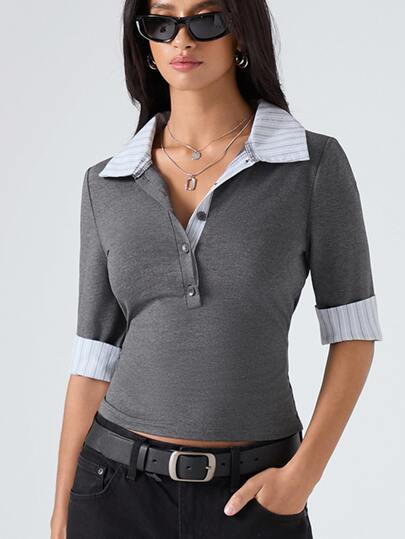LYSMO Women's Chic Grey Summer T-Shirt,Back-To-School School Minimalism Color Block Splice Collar Half-Placket Fitted Top,Elegant Casual Blouses For Home