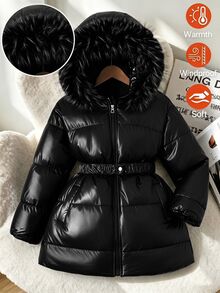 SHEIN 青少年女孩休閒端莊西式時尚連帽毛絨領加厚外套，彈性腰帶、長袖、扣飾口袋、拉鍊設計、寬鬆版型 - 黑色 - 查看 3