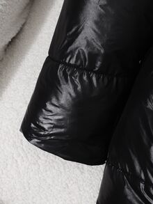 SHEIN 青少年女孩休閒端莊西式時尚連帽毛絨領加厚外套，彈性腰帶、長袖、扣飾口袋、拉鍊設計、寬鬆版型 - 黑色 - 查看 9