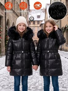 SHEIN 青少年女孩休閒端莊西式時尚連帽毛絨領加厚外套，彈性腰帶、長袖、扣飾口袋、拉鍊設計、寬鬆版型 - 黑色 - 查看 2
