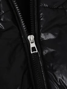 SHEIN 青少年女孩休閒端莊西式時尚連帽毛絨領加厚外套，彈性腰帶、長袖、扣飾口袋、拉鍊設計、寬鬆版型 - 黑色 - 查看 5