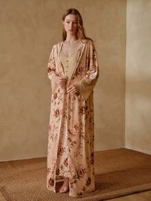 MOTF PREMIUM WOMEN'S FLORAL PRINT CAMISOLE DRESS AND ROBE PAJAMA SET - Apricot - View 3