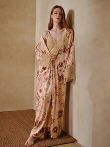 MOTF PREMIUM WOMEN'S FLORAL PRINT CAMISOLE DRESS AND ROBE PAJAMA SET - Apricot - View 2