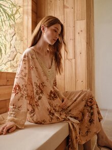 MOTF PREMIUM WOMEN'S FLORAL PRINT CAMISOLE DRESS AND ROBE PAJAMA SET - Apricot - View 6