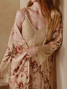 MOTF PREMIUM WOMEN'S FLORAL PRINT CAMISOLE DRESS AND ROBE PAJAMA SET - Apricot - View 4
