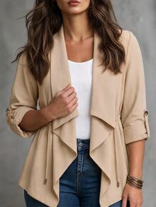 SHEIN LUNE CURVE Plus Size Casual Baggy Rope Waist Tie Versatile Lapel Blazer Autumn Office Business Khaki - Apricot - View 9