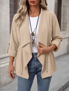 SHEIN LUNE CURVE Plus Size Casual Baggy Rope Waist Tie Versatile Lapel Blazer Autumn Office Business Khaki - Apricot - View 4