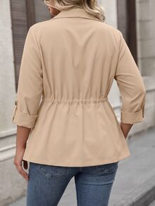 SHEIN LUNE CURVE Plus Size Casual Baggy Rope Waist Tie Versatile Lapel Blazer Autumn Office Business Khaki - Apricot - View 2