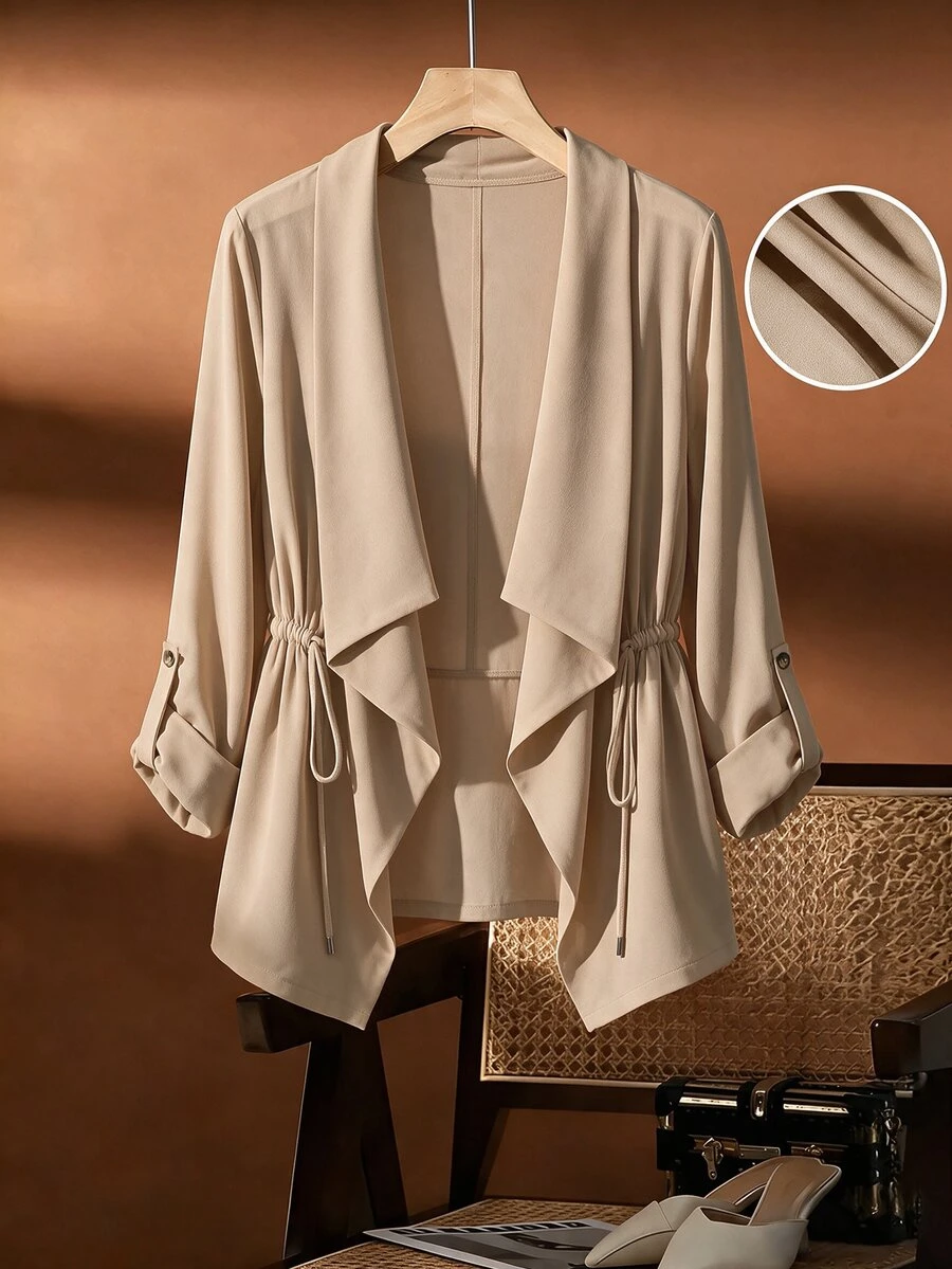 SHEIN LUNE CURVE Plus Size Casual Baggy Rope Waist Tie Versatile Lapel Blazer Autumn Office Business Khaki - Apricot - View 1