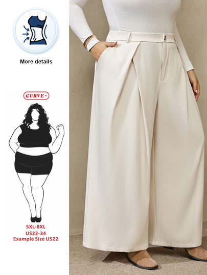 SHEIN CURVE+ Plus Size Women 5XL Wide Leg Pants, Pleated Detail Design, Suitable For Super Plus Size Women, Suitable For Daily Commute, Elegant Commute, Design-Driven Wide Leg Pants, Versatile Dress Pants, Autumn/Winter New Style