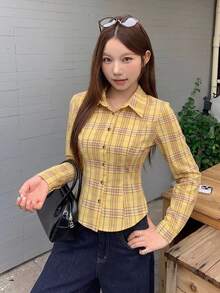 DAZY 女款格紋修身腰短袖領口休閒度假夏季襯衫上衣 - 黃色 - 查看 6