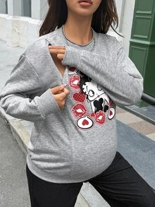 Lyckli Betty Boop x SHEIN Maternity Cartoon Pattern Casual Daily Long Sleeve Sweatshirt Winter - Light Grey - View 2